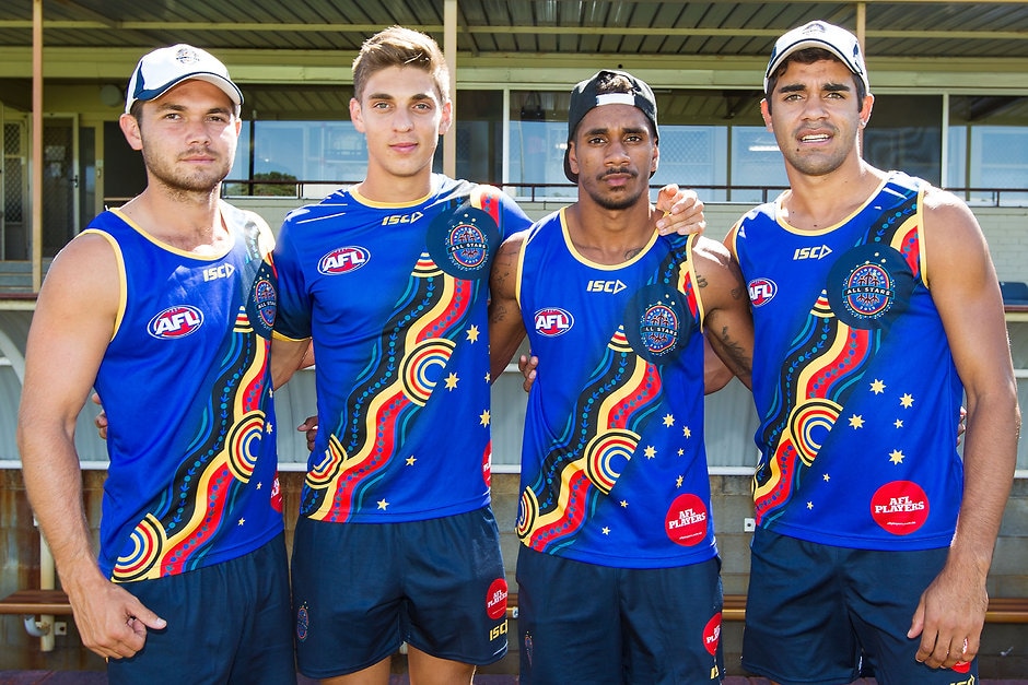 AFL 2015 Media - All Stars Clinc and Training Jarrod Harbrow, Sean Lemmens, Jarrod Garlett, Jack Martin pose in their team shirts during the All Stars clinic and training at Medibank Stadium, Leederville on February 19, 2015. (Photo: Will Russell/AFL Media)